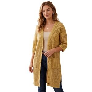 Paper Denim & Cloth Size S Fall Yellow Chunky Knit 3/4 Sleeves Duster Cardigan